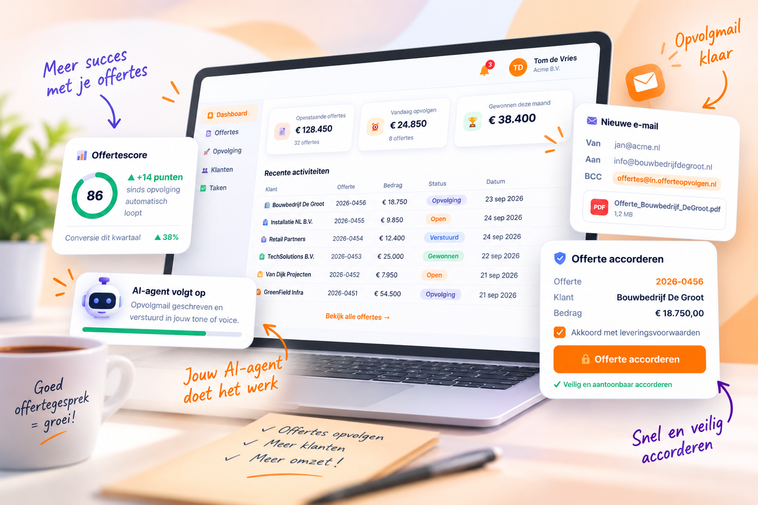 Het OfferteOpvolgen.nl-dashboard met AI-agent die offertes opvolgt
